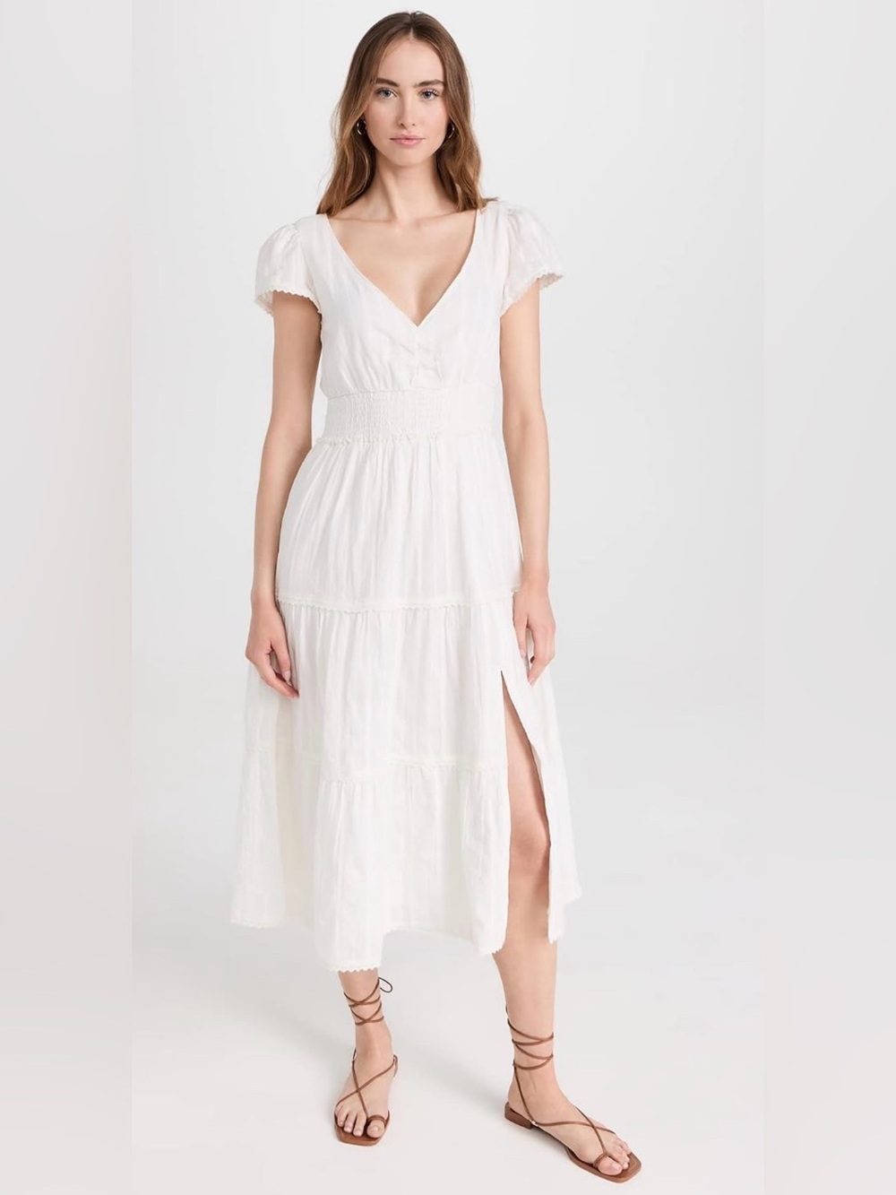 PAIGE Soledad White V-Neck Tiered Midi Dress with Smocked Waist Size Small